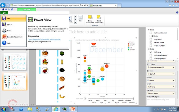 Power View Designer Showing Slicers and a Bubble Chart